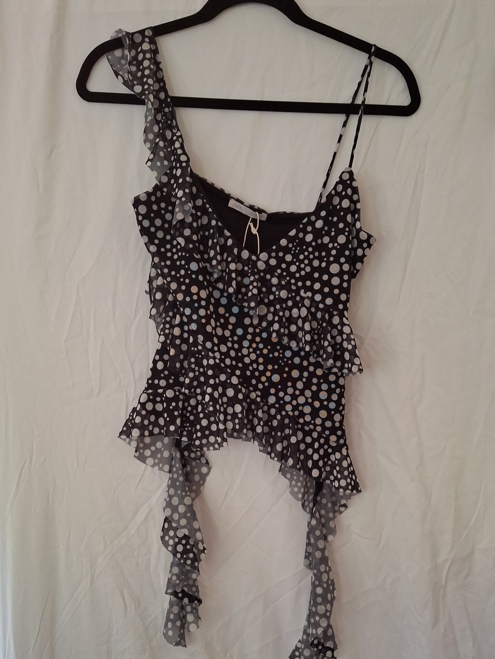 Zara Black and White Polka Dot Ruffle Asymmetric Camisole